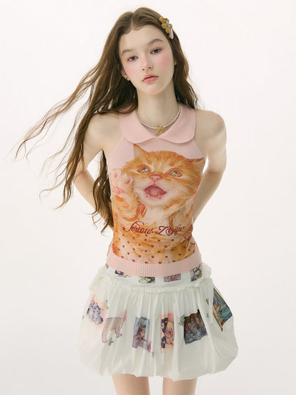 Retro Doll Collar Cat Print Knitted Vest【s0000017082】