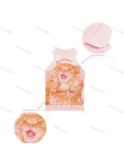 Retro Doll Collar Cat Print Knitted Vest【s0000017082】