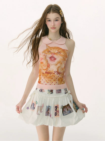 Retro Doll Collar Cat Print Knitted Vest【s0000017082】