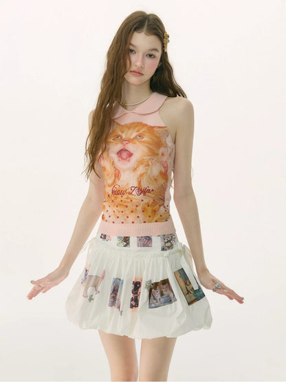 Retro Doll Collar Cat Print Knitted Vest【s0000017082】