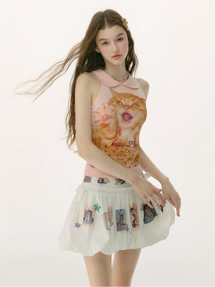 Retro Doll Collar Cat Print Knitted Vest【s0000017082】