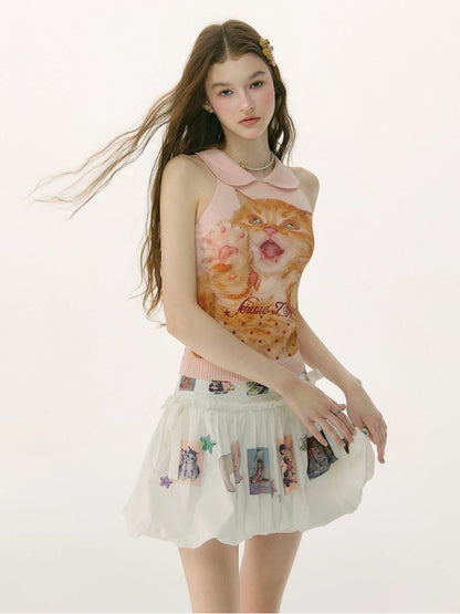 Retro Doll Collar Cat Print Knitted Vest【s0000017082】