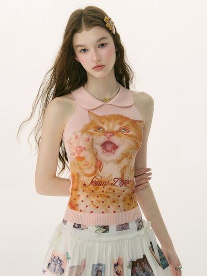 Retro Doll Collar Cat Print Knitted Vest【s0000017082】