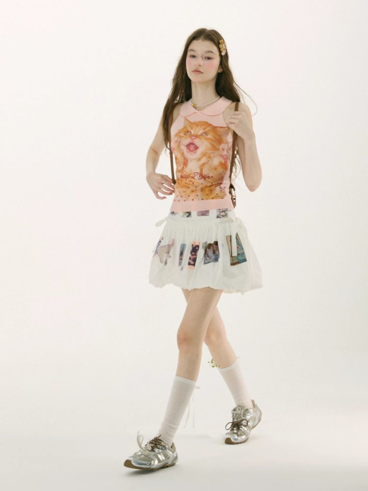 Retro Doll Collar Cat Print Knitted Vest【s0000017082】