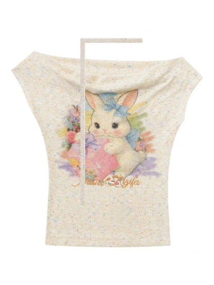 Rabbit Print Off-Shoulder Knitted Short-Sleeved T-Shirt【s0000017083】