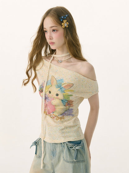 Rabbit Print Off-Shoulder Knitted Short-Sleeved T-Shirt【s0000017083】