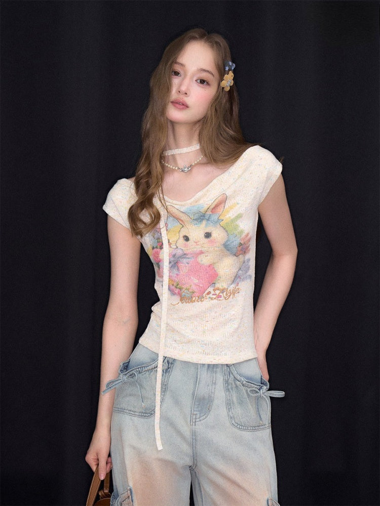 Rabbit Print Off-Shoulder Knitted Short-Sleeved T-Shirt【s0000017083】