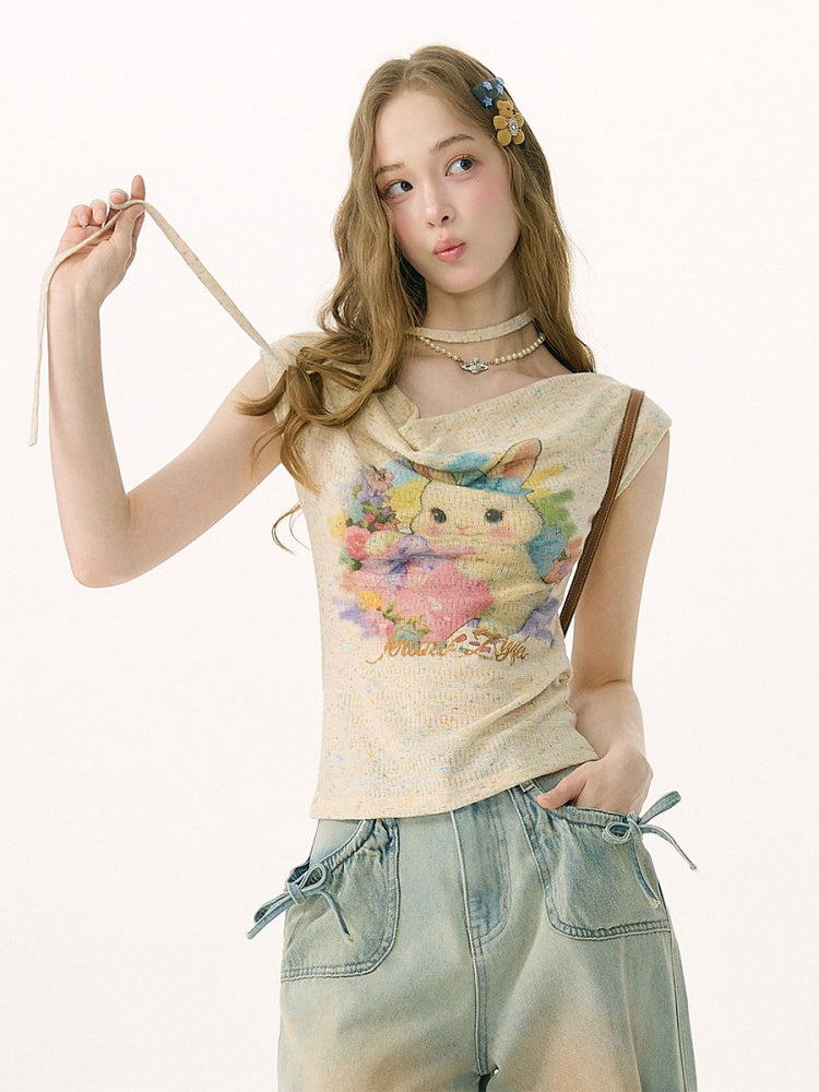 Rabbit Print Off-Shoulder Knitted Short-Sleeved T-Shirt【s0000017083】