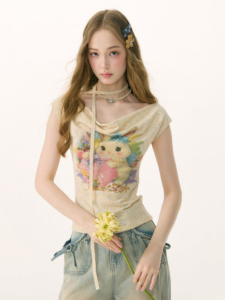 Rabbit Print Off-Shoulder Knitted Short-Sleeved T-Shirt【s0000017083】