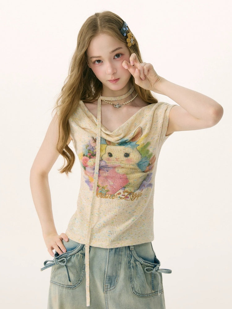 Rabbit Print Off-Shoulder Knitted Short-Sleeved T-Shirt【s0000017083】