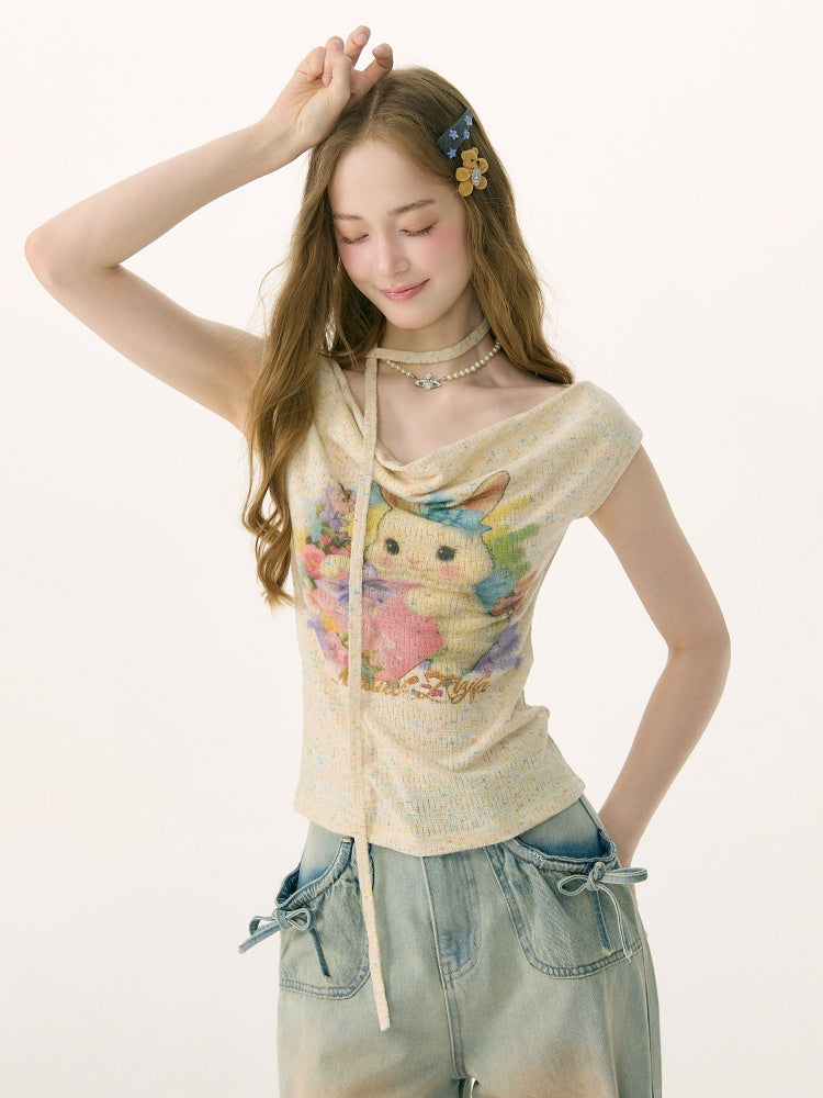 Rabbit Print Off-Shoulder Knitted Short-Sleeved T-Shirt【s0000017083】
