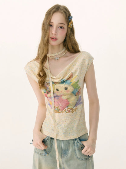 Rabbit Print Off-Shoulder Knitted Short-Sleeved T-Shirt【s0000017083】
