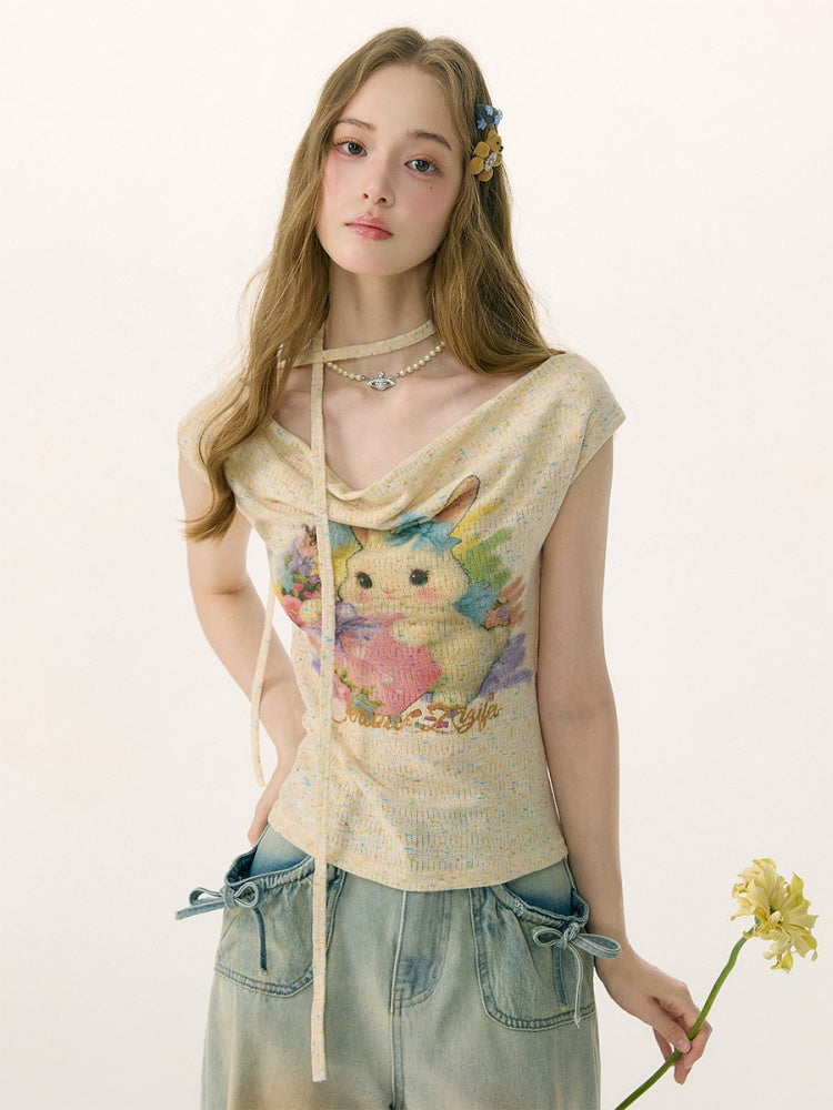 Rabbit Print Off-Shoulder Knitted Short-Sleeved T-Shirt【s0000017083】