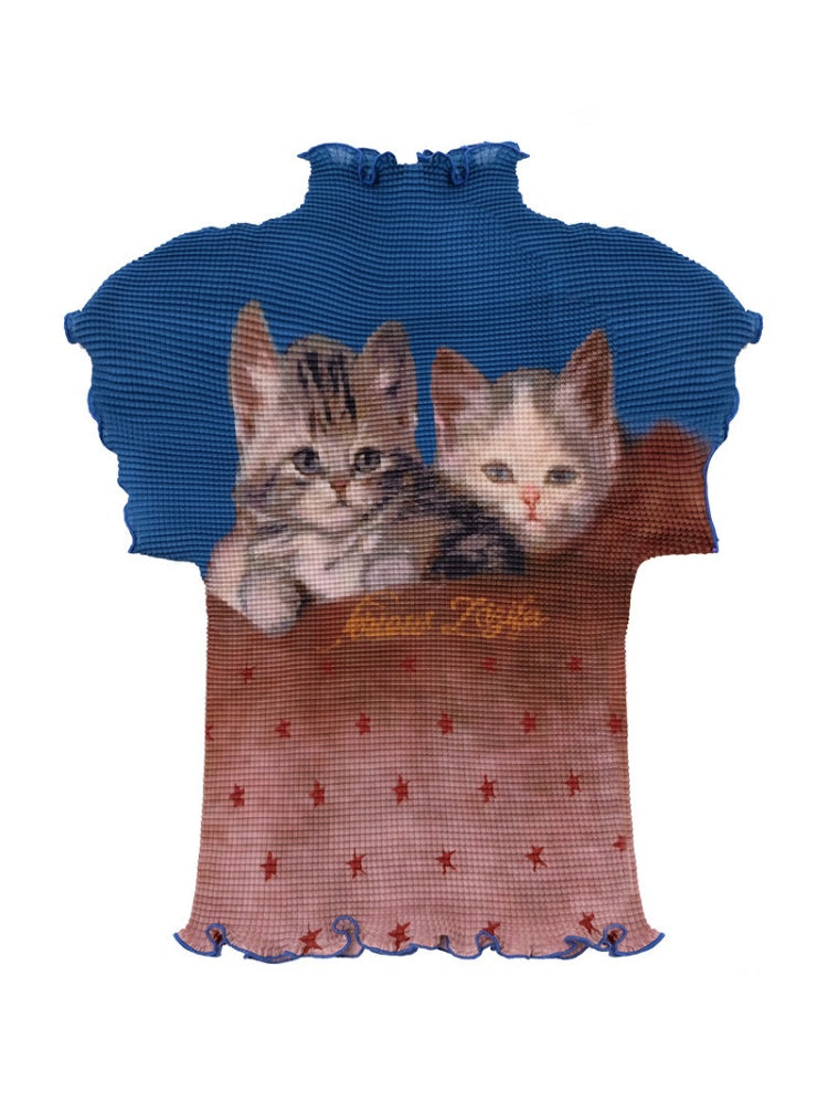 Turtleneck Contrasting Cat Print  Lettuce Trim Short-Sleeved T-Shirt【s0000017085】