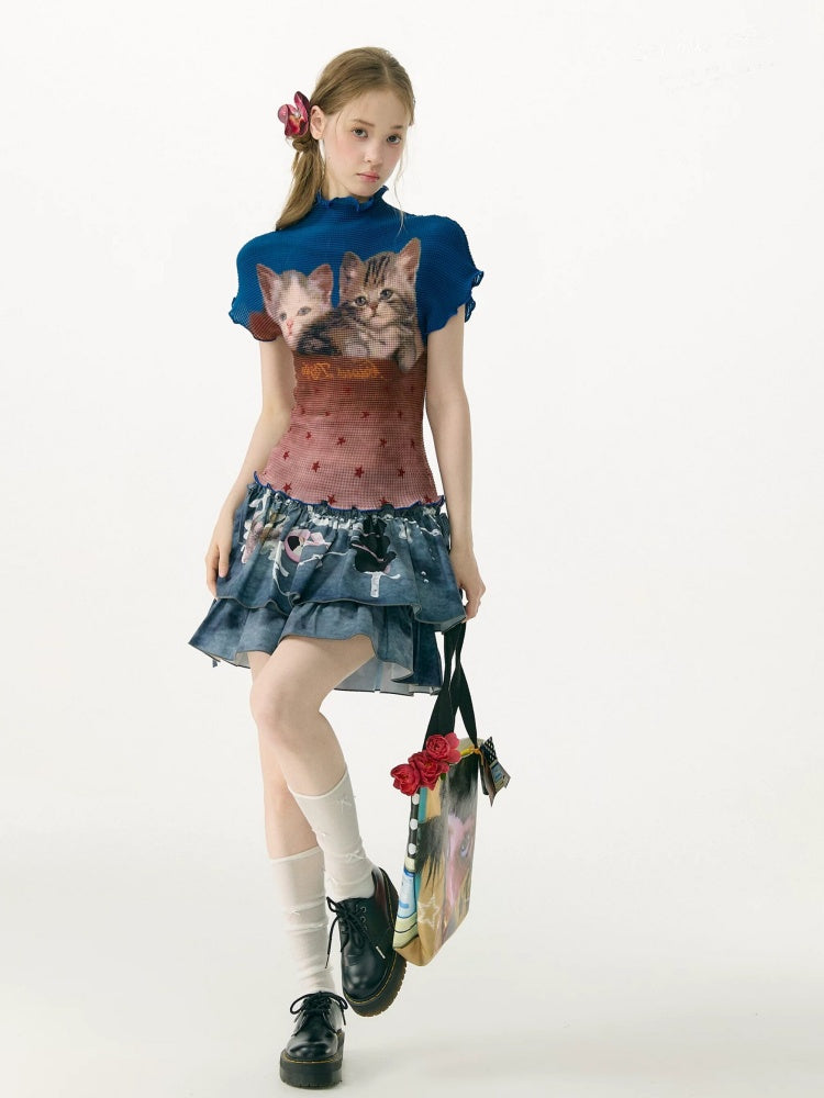 Turtleneck Contrasting Cat Print  Lettuce Trim Short-Sleeved T-Shirt【s0000017085】