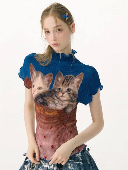 Turtleneck Contrasting Cat Print  Lettuce Trim Short-Sleeved T-Shirt【s0000017085】