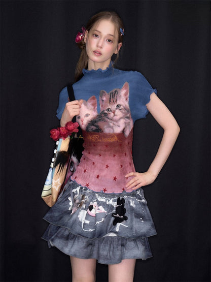 Turtleneck Contrasting Cat Print  Lettuce Trim Short-Sleeved T-Shirt【s0000017085】