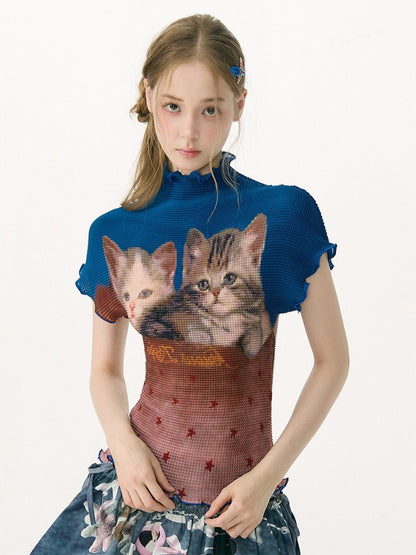 Turtleneck Contrasting Cat Print  Lettuce Trim Short-Sleeved T-Shirt【s0000017085】