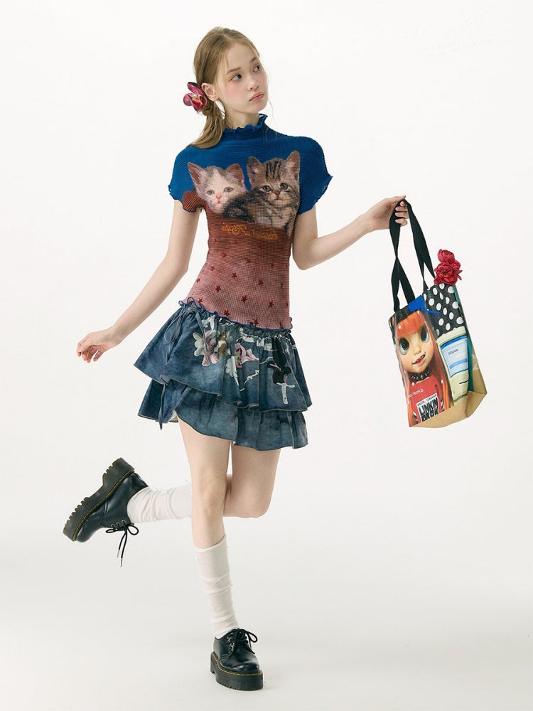 Turtleneck Contrasting Cat Print  Lettuce Trim Short-Sleeved T-Shirt【s0000017085】