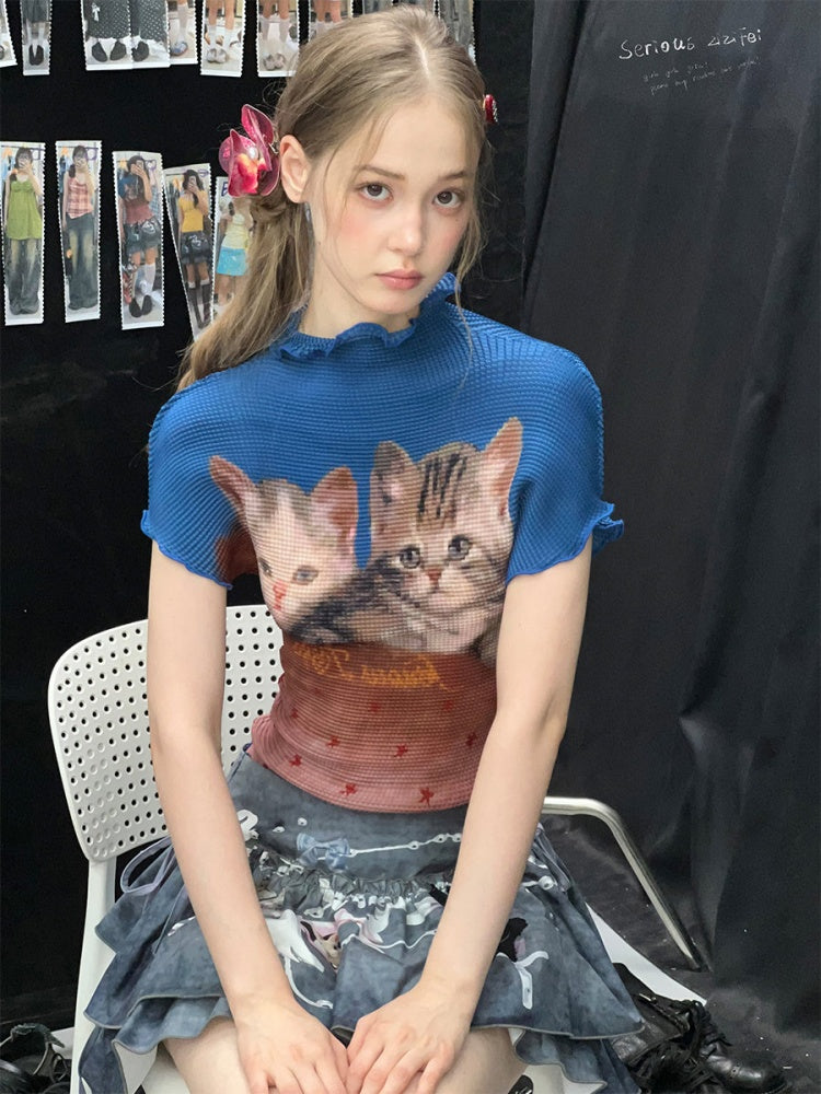 Turtleneck Contrasting Cat Print  Lettuce Trim Short-Sleeved T-Shirt【s0000017085】