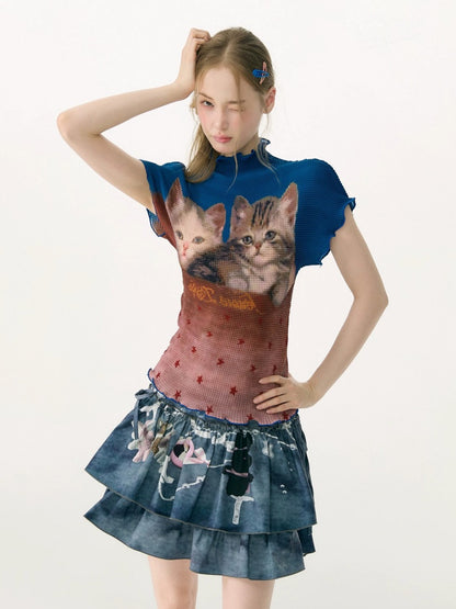 Turtleneck Contrasting Cat Print  Lettuce Trim Short-Sleeved T-Shirt【s0000017085】