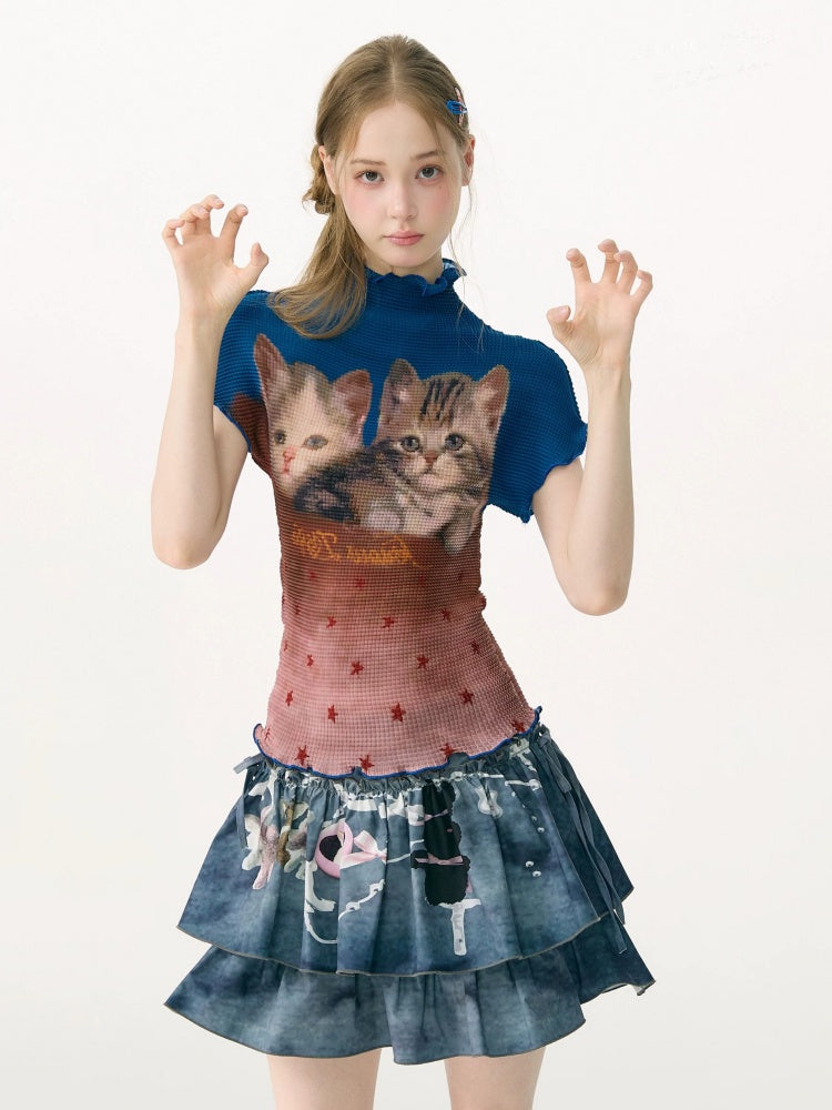 Turtleneck Contrasting Cat Print  Lettuce Trim Short-Sleeved T-Shirt【s0000017085】