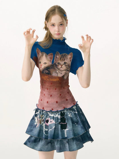 Turtleneck Contrasting Cat Print  Lettuce Trim Short-Sleeved T-Shirt【s0000017085】