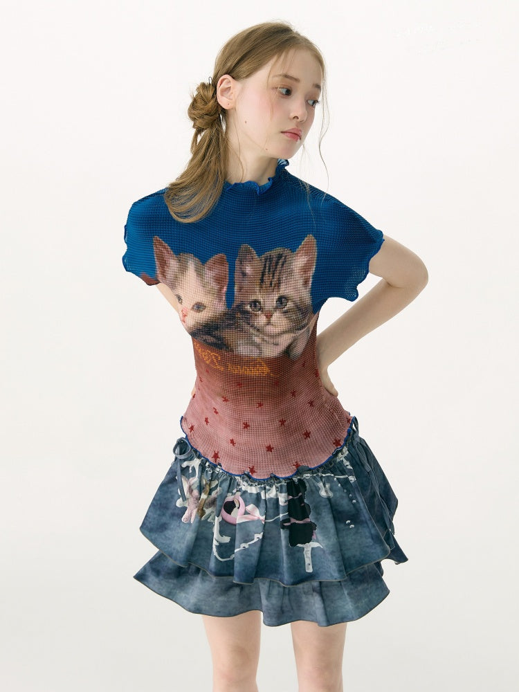 Turtleneck Contrasting Cat Print  Lettuce Trim Short-Sleeved T-Shirt【s0000017085】