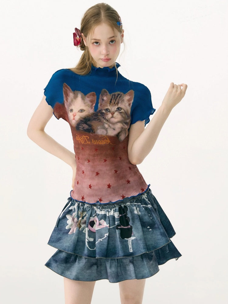 Turtleneck Contrasting Cat Print  Lettuce Trim Short-Sleeved T-Shirt【s0000017085】