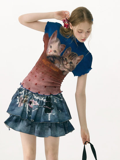 Turtleneck Contrasting Cat Print  Lettuce Trim Short-Sleeved T-Shirt【s0000017085】