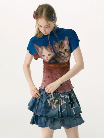 Turtleneck Contrasting Cat Print  Lettuce Trim Short-Sleeved T-Shirt【s0000017085】
