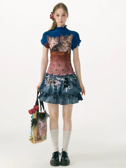 Turtleneck Contrasting Cat Print  Lettuce Trim Short-Sleeved T-Shirt【s0000017085】