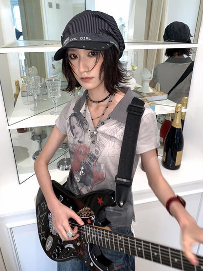 Chemical Girl×NANA Co-Branded Pinstripe Guitar Print Rivet Stack Cap【s0000017086】