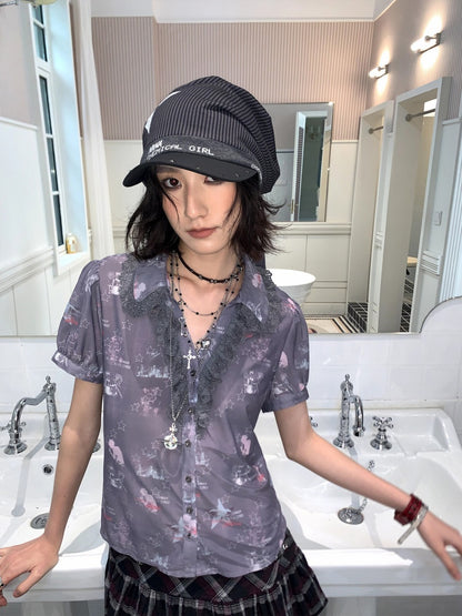 Chemical Girl×NANA Co-Branded Pinstripe Guitar Print Rivet Stack Cap【s0000017086】