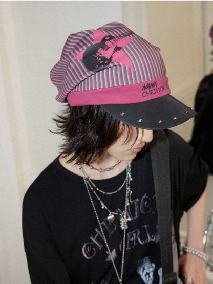 Chemical Girl×NANA Co-Branded Pinstripe Guitar Print Rivet Stack Cap【s0000017086】