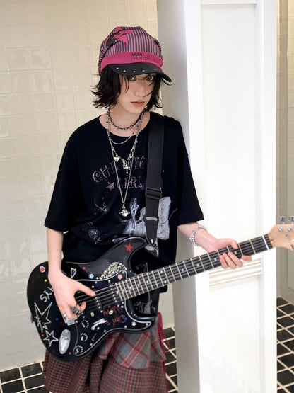 Chemical Girl×NANA Co-Branded Pinstripe Guitar Print Rivet Stack Cap【s0000017086】