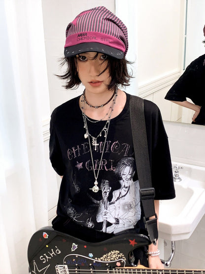 Chemical Girl×NANA Co-Branded Pinstripe Guitar Print Rivet Stack Cap【s0000017086】