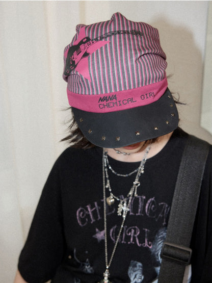 Chemical Girl×NANA Co-Branded Pinstripe Guitar Print Rivet Stack Cap【s0000017086】