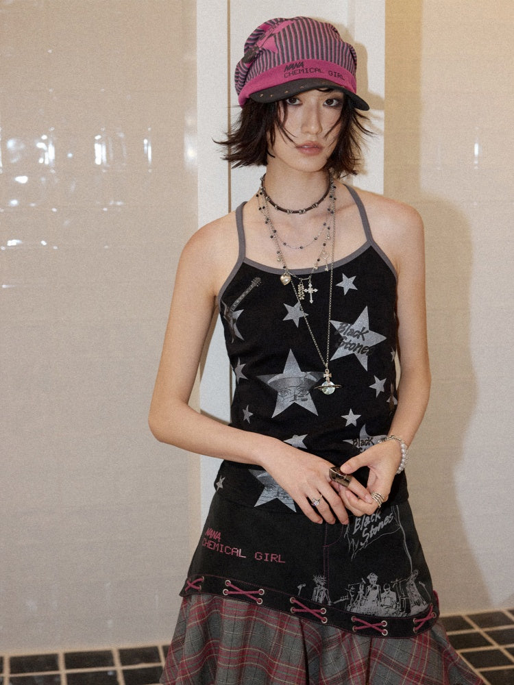 Chemical Girl×NANA Co-Branded Pinstripe Guitar Print Rivet Stack Cap【s0000017086】