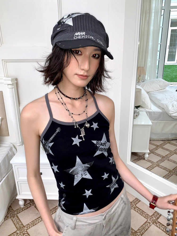 Chemical Girl×NANA Co-Branded Pinstripe Guitar Print Rivet Stack Cap【s0000017086】