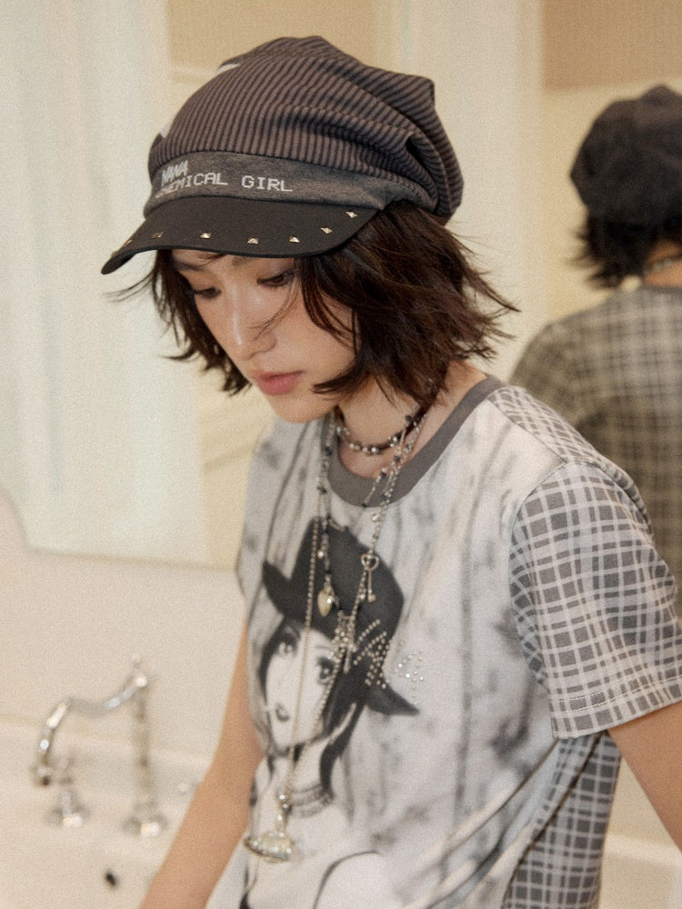 Chemical Girl×NANA Co-Branded Pinstripe Guitar Print Rivet Stack Cap【s0000017086】