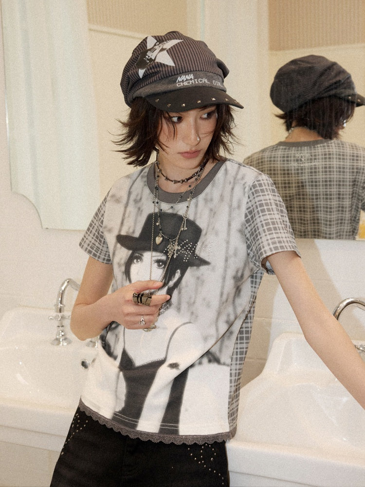 Chemical Girl×NANA Co-Branded Pinstripe Guitar Print Rivet Stack Cap【s0000017086】