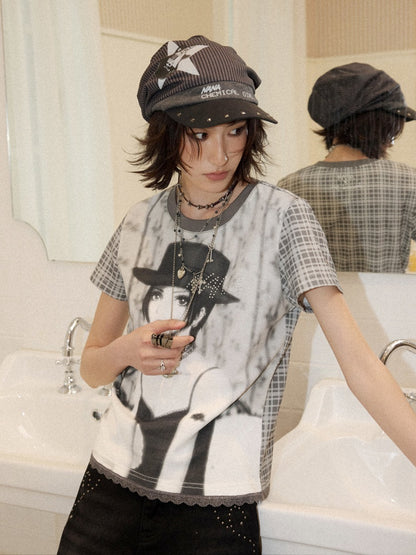 Chemical Girl×NANA Co-Branded Pinstripe Guitar Print Rivet Stack Cap【s0000017086】