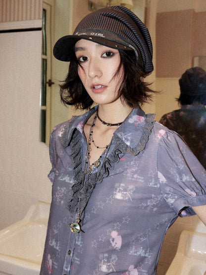 Chemical Girl×NANA Co-Branded Pinstripe Guitar Print Rivet Stack Cap【s0000017086】