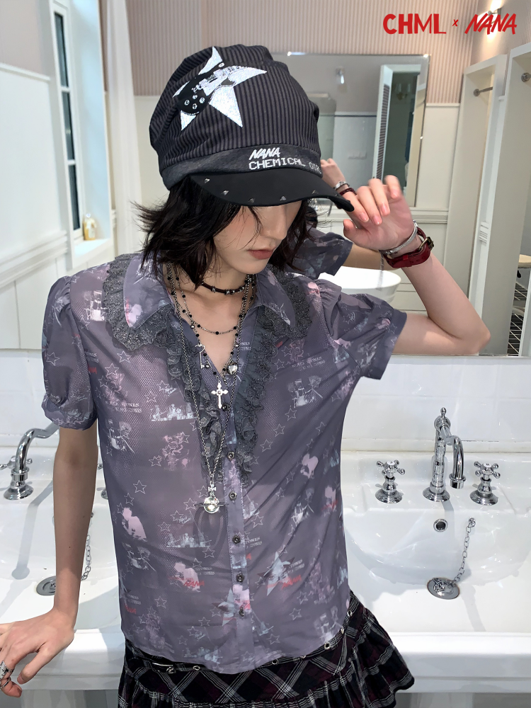 Chemical Girl×NANA Co-Branded Pinstripe Guitar Print Rivet Stack Cap【s0000017086】