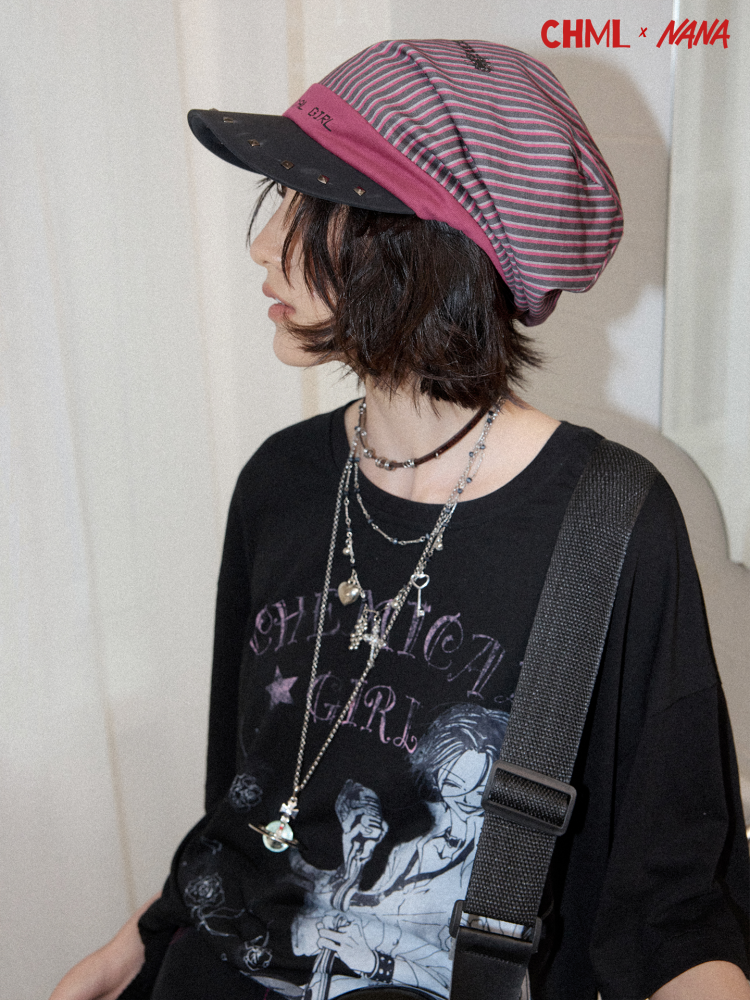 Chemical Girl×NANA Co-Branded Pinstripe Guitar Print Rivet Stack Cap【s0000017086】