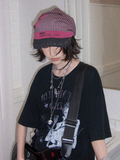 Chemical Girl×NANA Co-Branded Pinstripe Guitar Print Rivet Stack Cap【s0000017086】