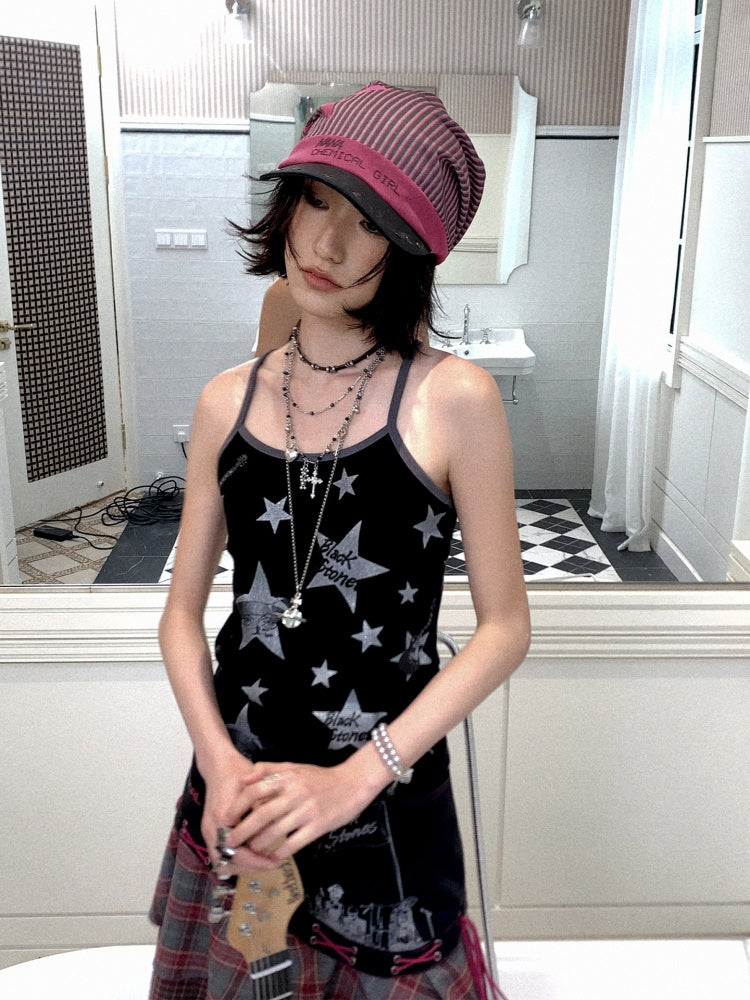 Chemical Girl×NANA Co-Branded Pinstripe Guitar Print Rivet Stack Cap【s0000017086】