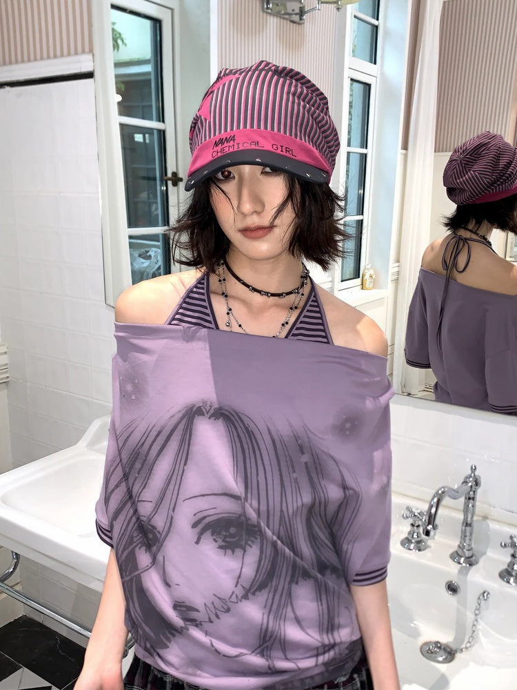 Chemical Girl×NANA Co-Branded Pinstripe Guitar Print Rivet Stack Cap【s0000017086】
