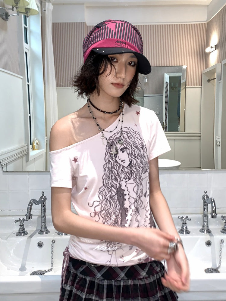 Chemical Girl×NANA Co-Branded Pinstripe Guitar Print Rivet Stack Cap【s0000017086】